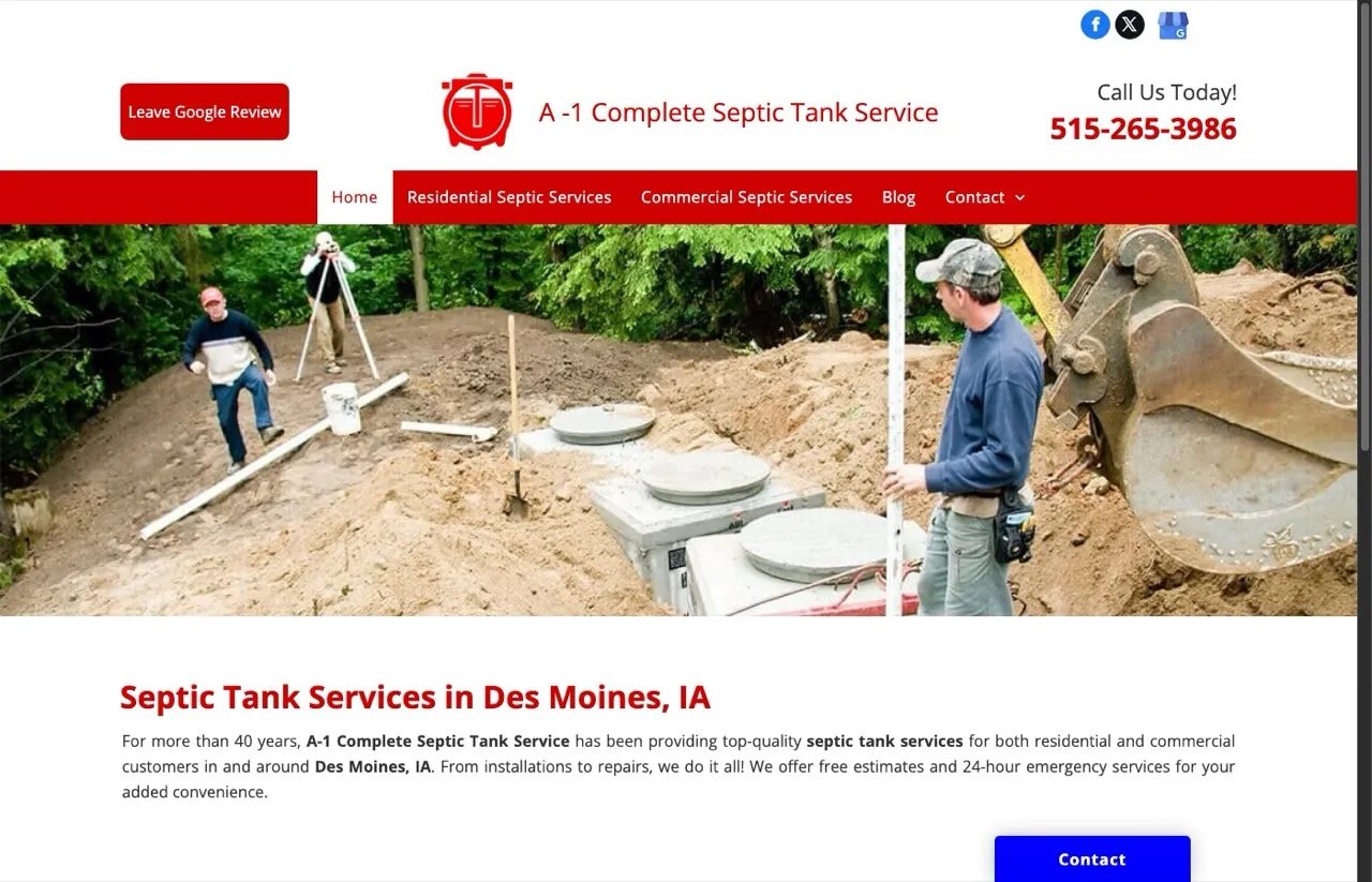 A-1 Complete Septic Tank Service homepage showing over 40 years in business and Des Moines area service