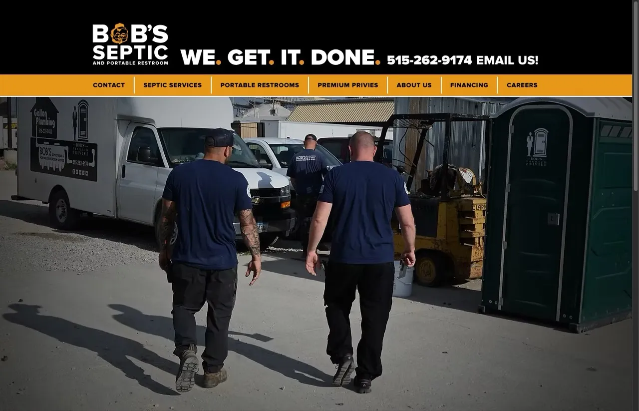 Bob's Septic homepage showing the company's We Get It Done tagline and Des Moines phone number