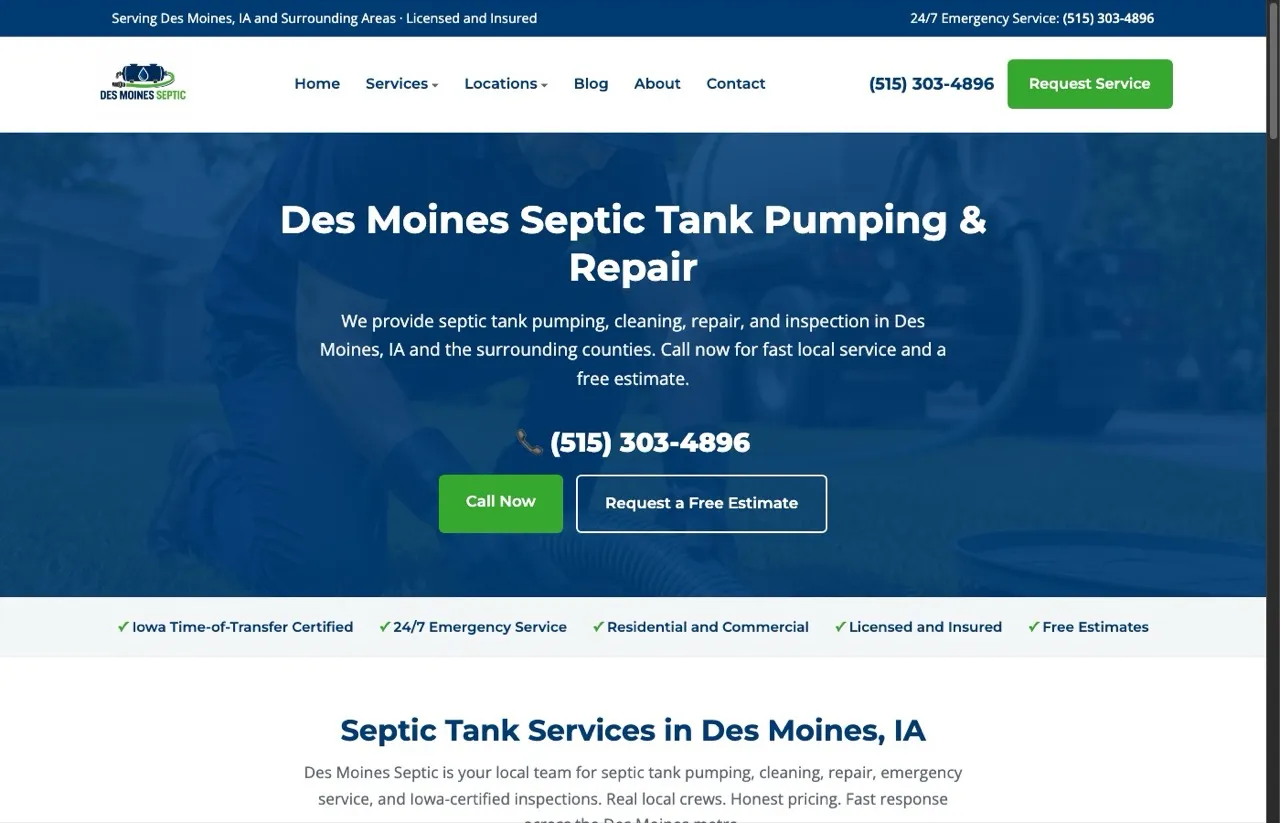 Des Moines Septic homepage showing flat-rate pumping pricing and 24/7 emergency service phone number