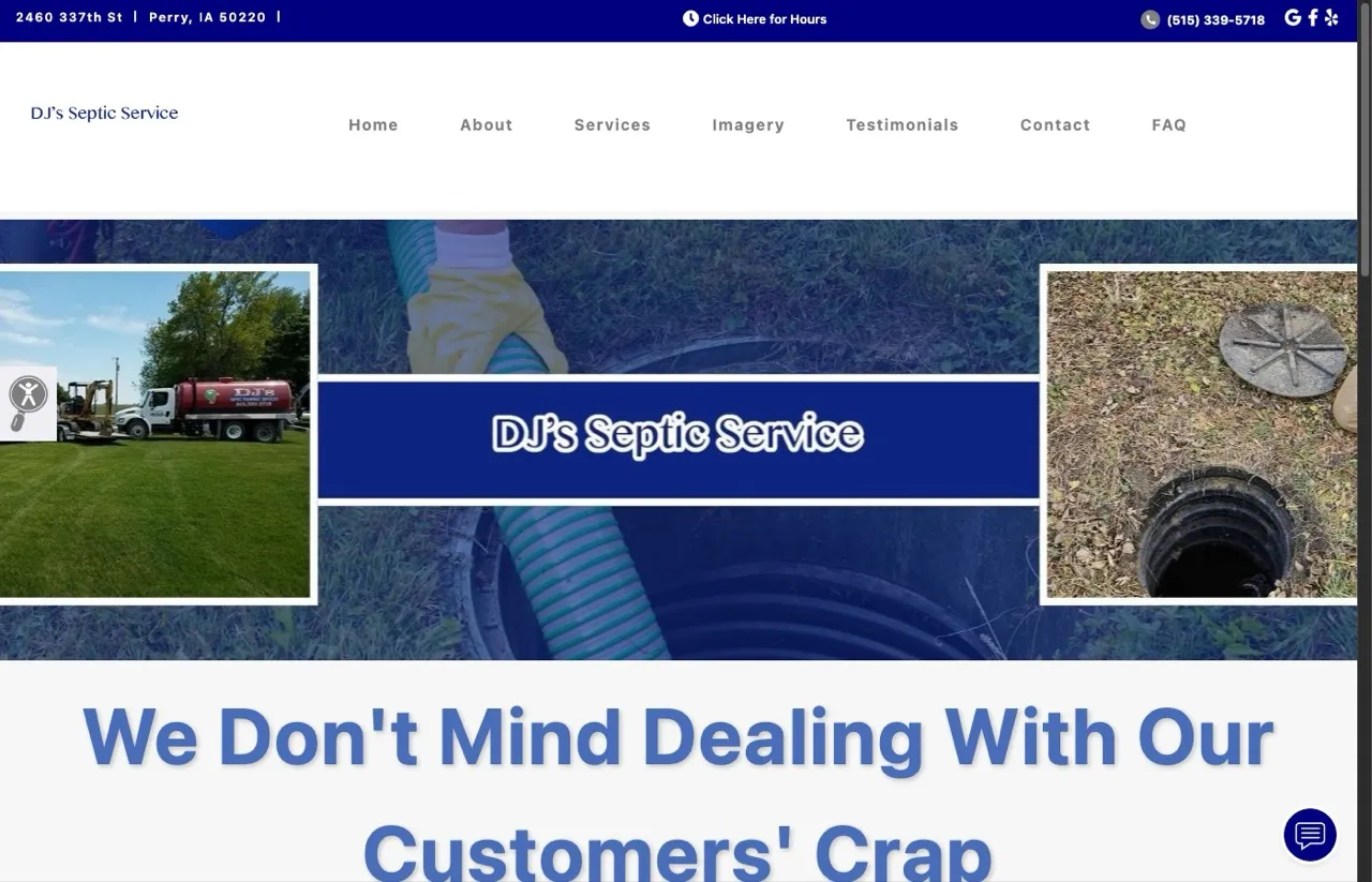DJ's Septic Service homepage showing Perry Iowa location and septic cleaning fleet