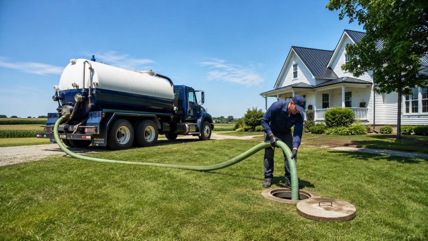 Emergency septic service truck parked at an Iowa home, with technician dispatching a vacuum hose for fast response