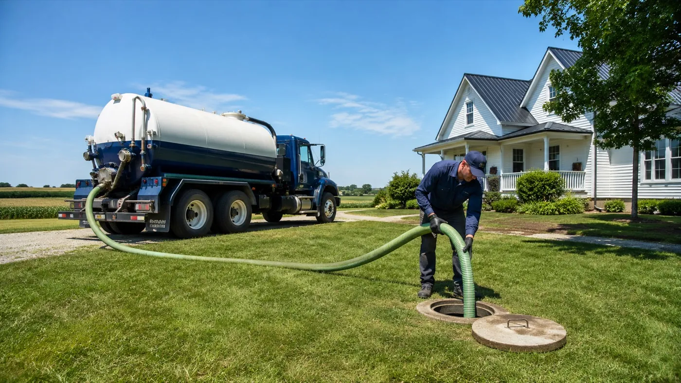 Emergency septic service truck parked at an Iowa home, with technician dispatching a vacuum hose for fast response