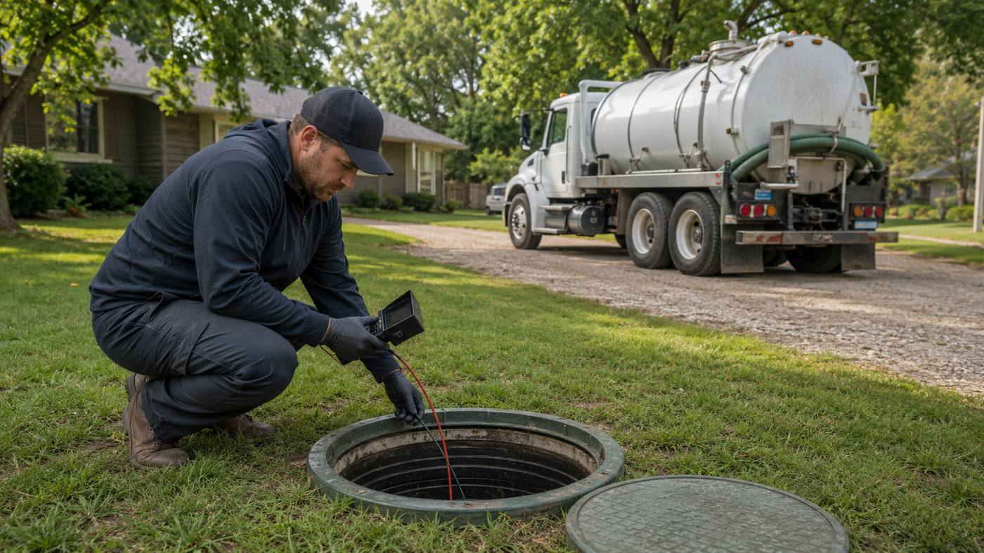 Iowa DNR certified inspector performing camera inspection on a residential septic tank