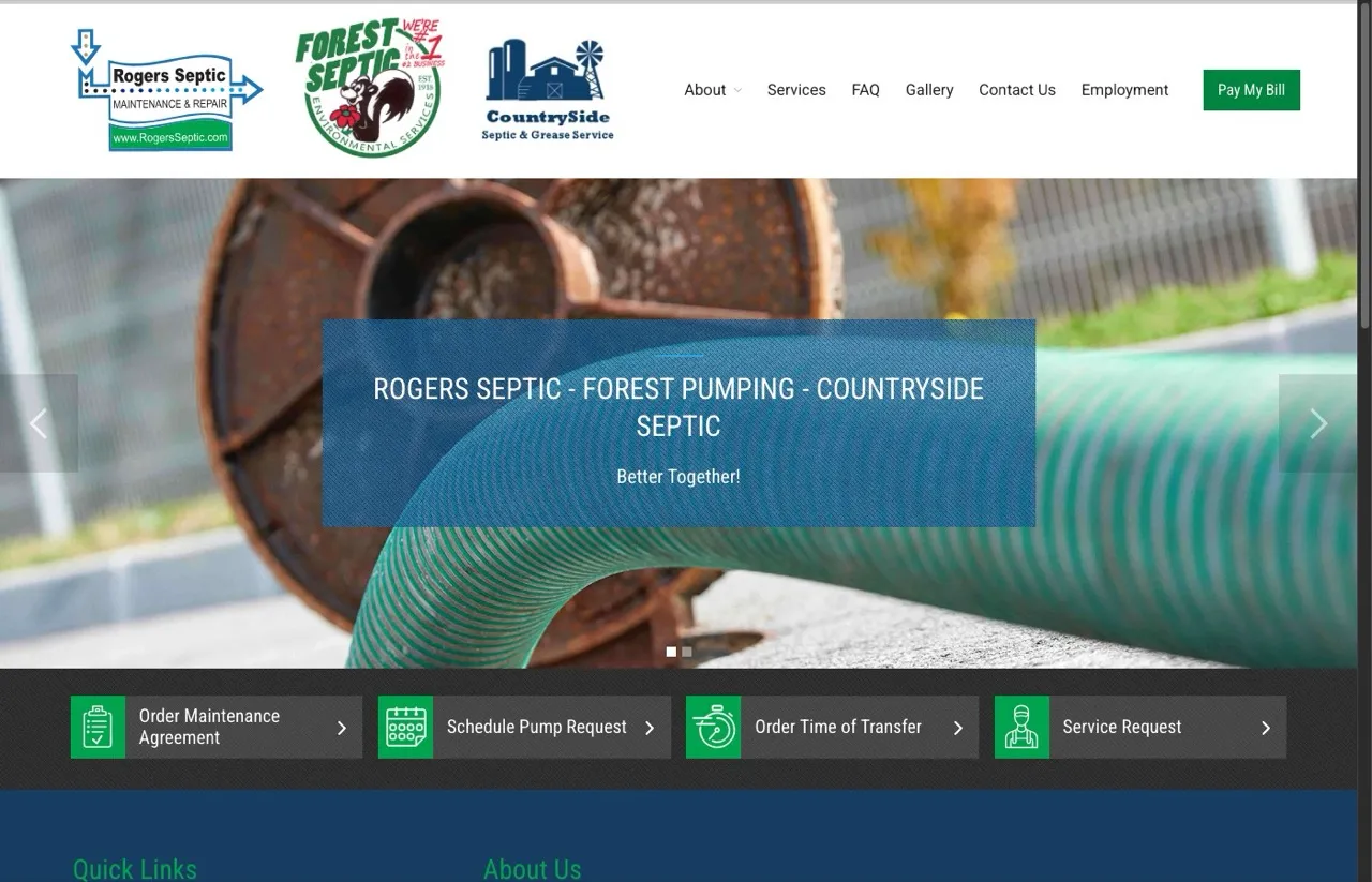 Rogers Septic homepage showing affiliated brands Forest Septic and Countryside Septic