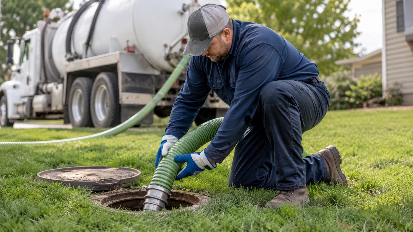 Local septic technician performing a septic tank pumping at a Des Moines, Iowa home