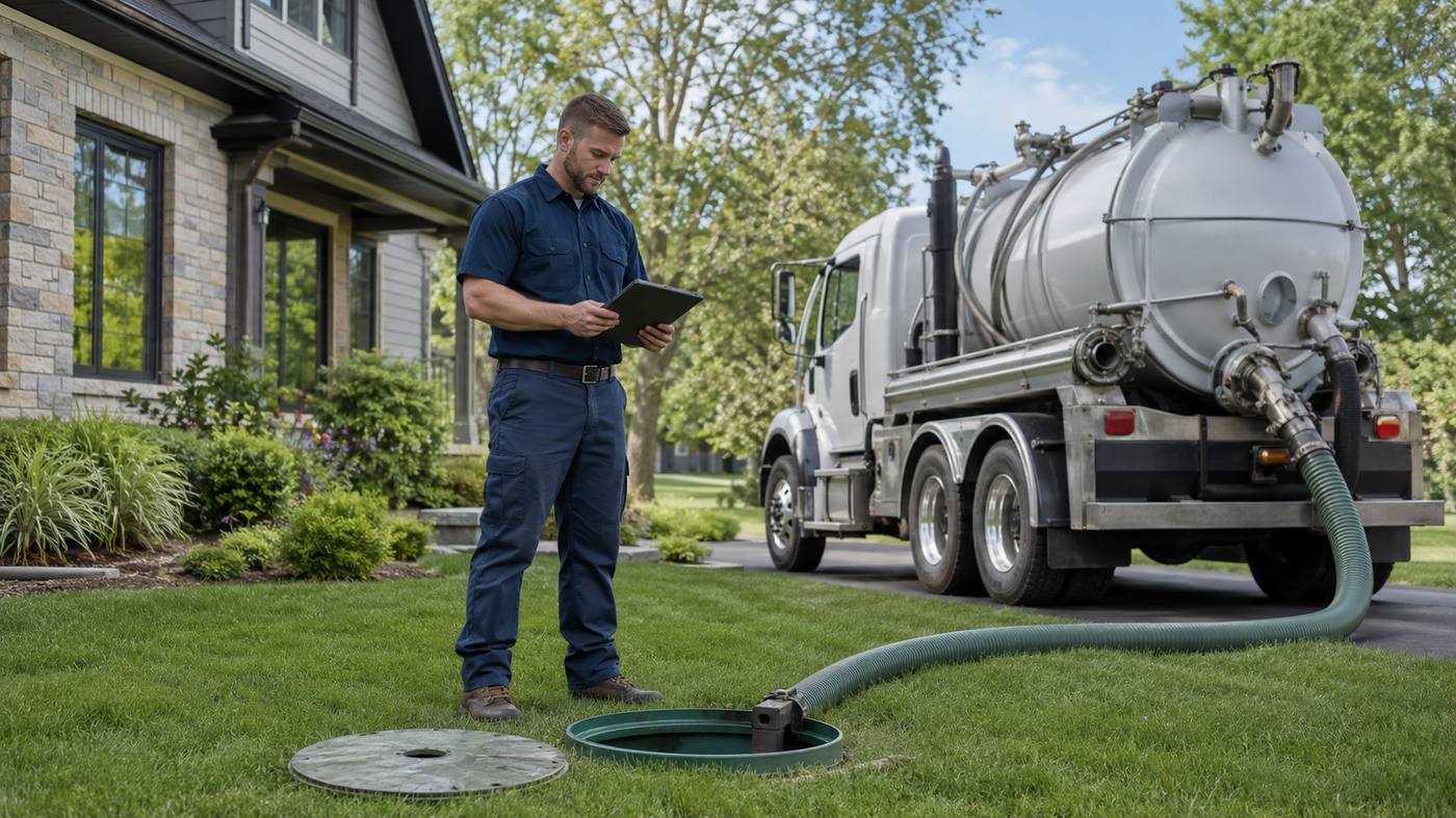Iowa septic technician inspecting tank lid before pumping