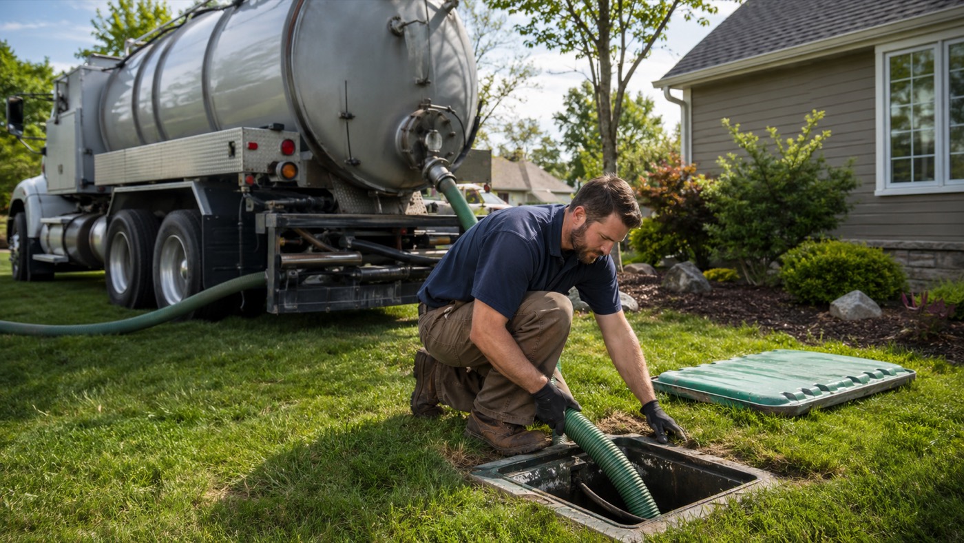 Septic technician cleaning a residential septic tank at an Ankeny, Iowa home