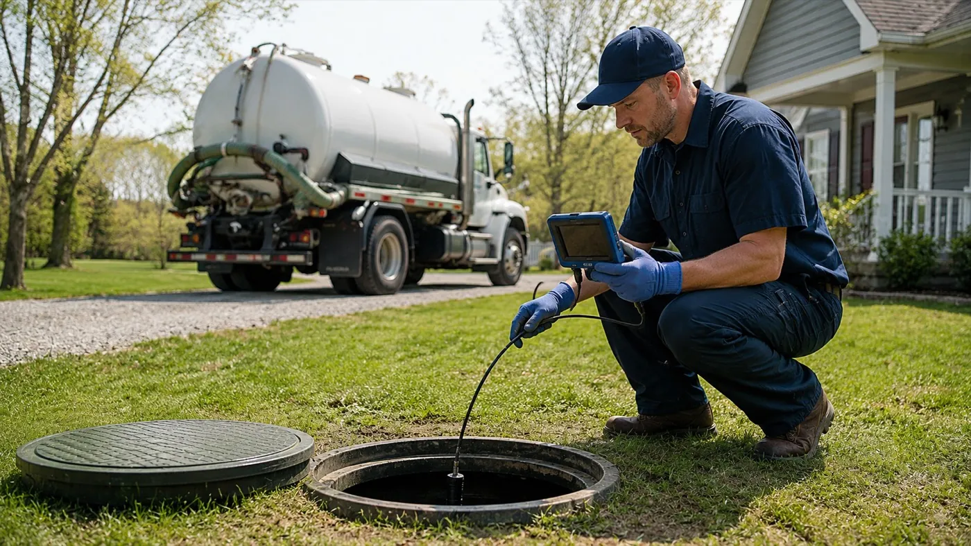 Iowa-certified septic inspector running a camera inspection into a residential septic tank during a Time of Transfer inspection