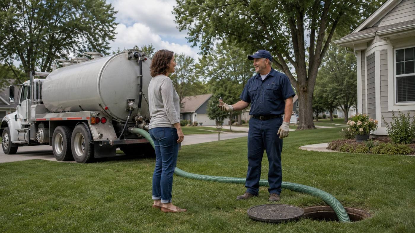 Septic technician reviewing pumping cost with Iowa homeowner
