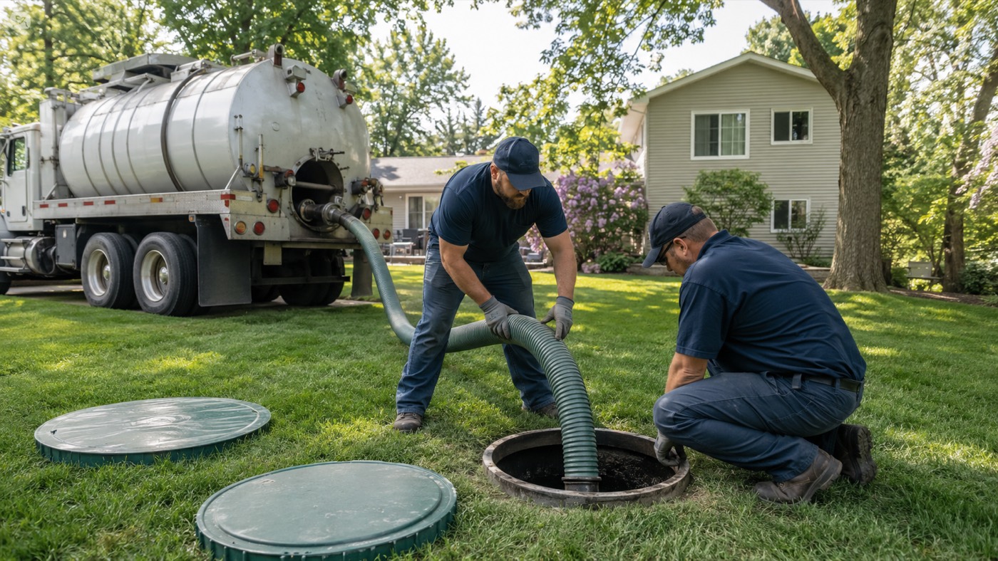 Two-person septic crew servicing a residential tank in West Des Moines, Iowa